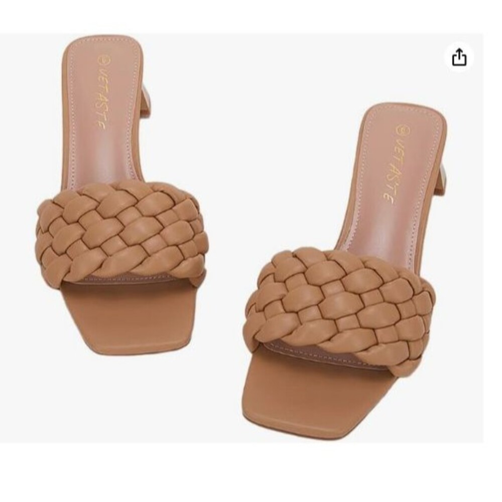 Women's Braided Sandals Heeled 7.5 Beige Square Open Toe Mules Backless